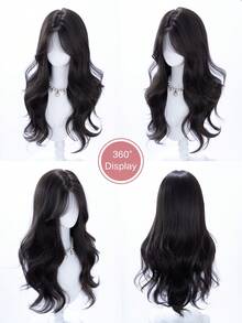alicegarden Wig sintetis sepanjang 28 inci dengan gaya bergelombang alami berwarna hitam yang menawan. Desain belahan tengah, wig palsu ini sangat cocok untuk penggunaan sehari-hari, pesta, dan cosplay, menawarkan wig alami dan tahan lama sebagai hadiah untuk para wanita. (Tidak termasuk aksesoris) - Hitam - View 9