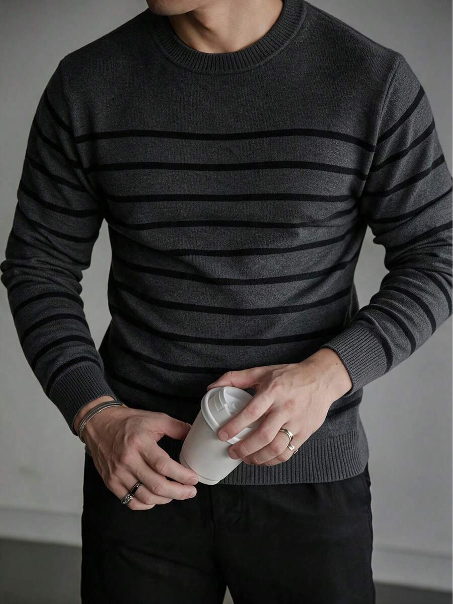 Men's Gray & Black Contrast Striped Crew Neck Textured Knit Sweater, Long Sleeve Pullover, Casual Commute Inner Layer Top, Autumn/Winter - Dark Grey - View 1