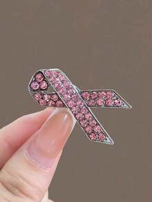 Pink Ribbon Brooch, Enamel Lapel Pin, Pink Hope Ribbon Metal Badge - Pink - View 2