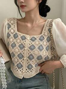 YCYC Casual Colorblock Crochet Patchwork Long Sleeve Cropped Shirt - Apricot - View 3