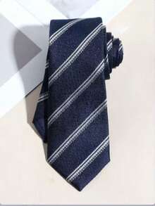 1pc Men's Fashion Deep Blue Encrypted Diagonal Stripe Minimalist Tie, Suitable For Business And Campus Wear - Navy Blue - View 1