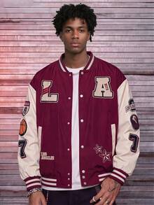 Men's Colorblock Patchwork Letter Embroidery Baseball Jacket, Autumn, Casual, Graduation, Back To School, Letter Varsity Jacket - Hot Pink - View 6