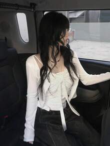 YCYC Korean Style Girl Polka Dot Ruffle Bow Camisole Top Long Sleeve Sun Protection Cardigan 2pcs Set - Apricot - View 5