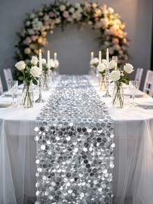 Silver Sequin Table Runner, Shiny Wedding Table Decor, Glitter Tablecloth, Suitable For Dining Table, Banquet, Party, Wedding Reception, Birthday, Anniversary, Christmas, New Year, Valentine's Day, Bridal Shower And Holiday Events Decoration - Multicolor - View 3