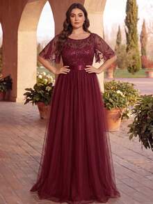 EVERPRETTY Plus Size Elegant Sequin Bodycon Bustier Tulle Burgundy Bridesmaid Dress Fall Wedding Party - Burgundy - View 8