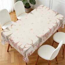 1pc Pink Reindeer Christmas Tablecloth, Pink Christmas Tree Reindeer Sleigh Gift Print Pattern, Polyester Material Single-Sided Print, Suitable For Tabletop, Washable And Reusable, Suitable For Indoor, Outdoor, Yard, Wedding, Banquet, Party, Outdoor Dining, Suitable For Craft Exhibition, Banquet Event Decoration - Multicolor - View 1