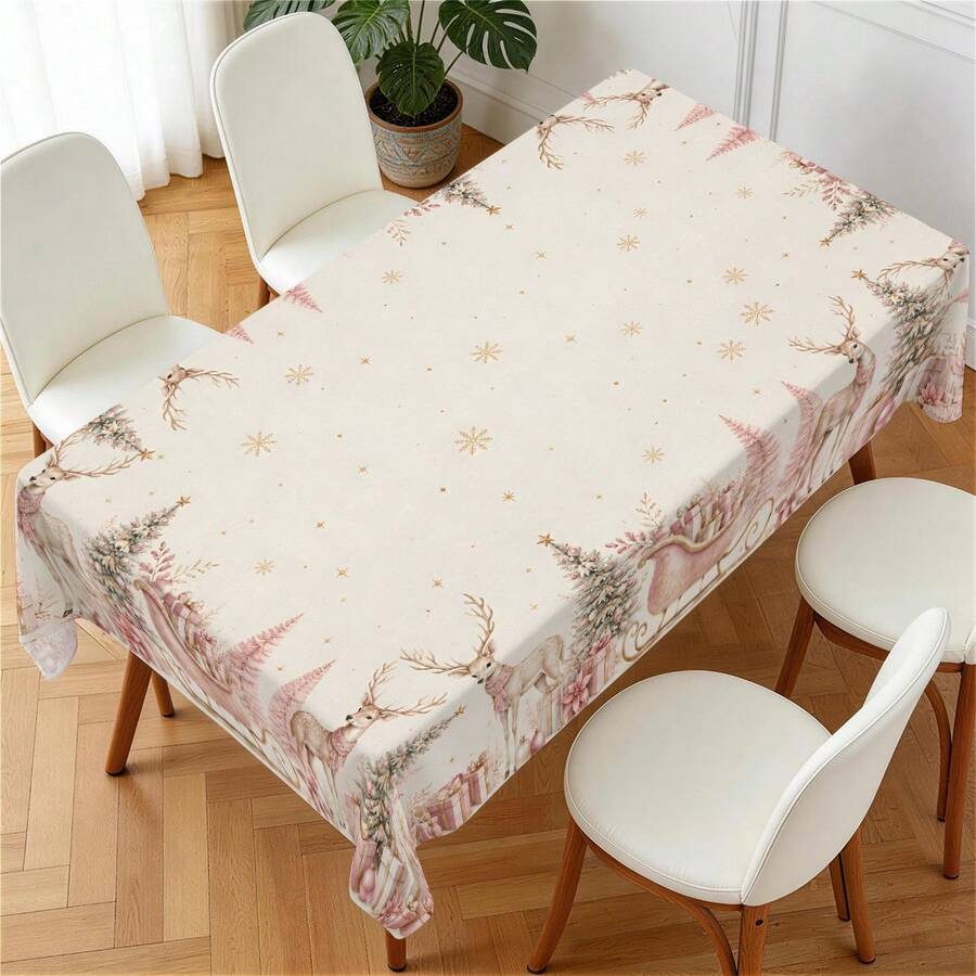 1pc Pink Reindeer Christmas Tablecloth, Pink Christmas Tree Reindeer Sleigh Gift Print Pattern, Polyester Material Single-Sided Print, Suitable For Tabletop, Washable And Reusable, Suitable For Indoor, Outdoor, Yard, Wedding, Banquet, Party, Outdoor Dining, Suitable For Craft Exhibition, Banquet Event Decoration - Multicolor - View 1