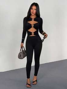 AiTyi Designer Metal Buckle Hollow Long Sleeve Fitted Jumpsuit, High Elasticity Slim Fit, Back To School Autumn Party Y2K Style - Black - View 11