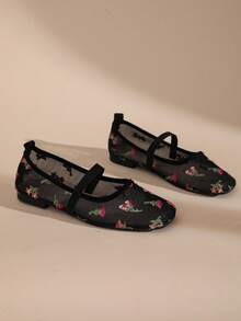 Women's Square Toe Mesh Embroidered Mary Jane Ballet Flats, Breathable Single Strap Flat Shoes - Black - View 6