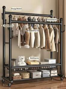 Double‑Rod Metal Garment Rack With Wheels, Thickened Clothes Drying Rack, Freestanding Movable Clothes Hanger Stand, With Double‑Tier Bottom Storage Shelves & Side Hooks, Bonus Hangers Included, For Bedroom Entryway Household Clothes Storage - Multicolor - View 11