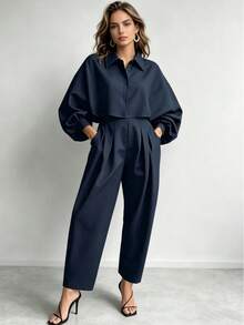 IGKEEL Plus Size Women Solid Color Lantern Sleeve Single-Breasted Shirt And Pleated Tapered Pants Elegant Set Suitable For Office Commute - Navy Blue - View 2