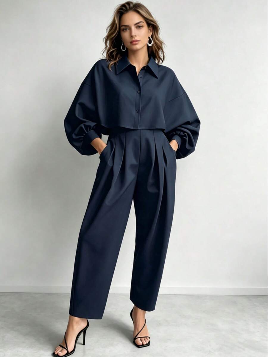 IGKEEL Plus Size Women Solid Color Lantern Sleeve Single-Breasted Shirt And Pleated Tapered Pants Elegant Set Suitable For Office Commute