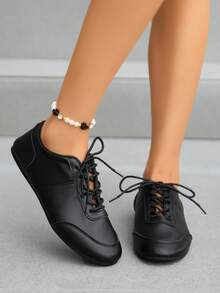 Vintage Patchwork Lace-Up Casual German Trainer Slip-On Shoes, Soft Sole Lightweight Women's Shoes For Daily Commute And Leisure, All-Season Soft Sole Fashion Versatile Flat Shoes, Wide Toe Box Women's Shoes - Black - View 6