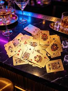 1pc Gold Foil Mini Playing Cards Boxed, Waterproof Pocket Playing Cards, Creative Christmas Stocking Filler, Bachelorette Party Favor Bag Filler, Wedding Guest Favor, Fun Travel Tabletop Game Gift - Gold - View 7