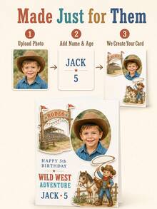 Personalized Photo, Name And Age Western Birthday Card, Custom Cowboy Greeting Card, Cowboy Keepsake Card, Theme Birthday Greeting For Children, Kids, Sons, Daughters, Parents, Grandparents And Ranch Party Celebrations - Multicolor - View 5