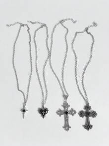 4pcs Vintage Gothic Style Alloy Carved Sword Heart Cross Necklace Suitable For Women Street Party Wear - Multicolor - View 2