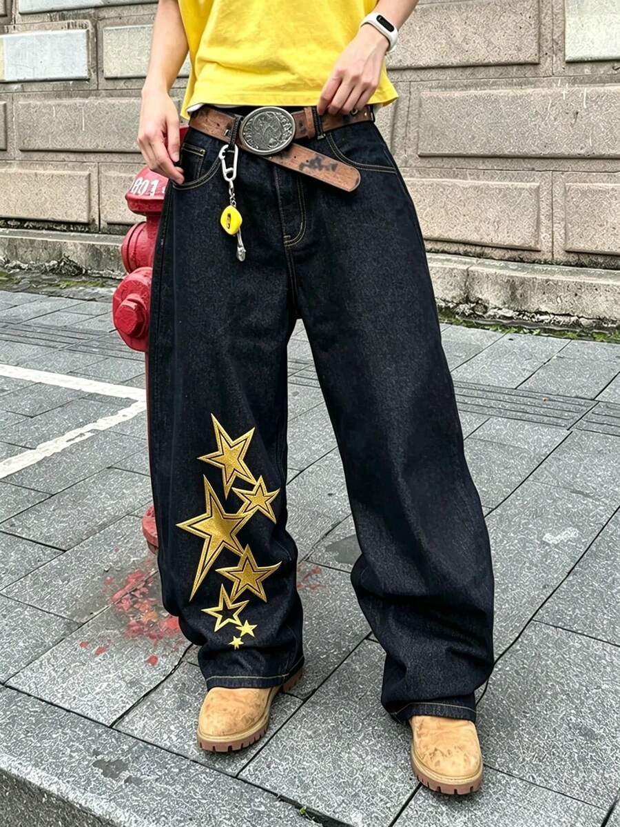 男士美式復古設計星星印花水洗牛仔褲 - 黑色 - 查看 1