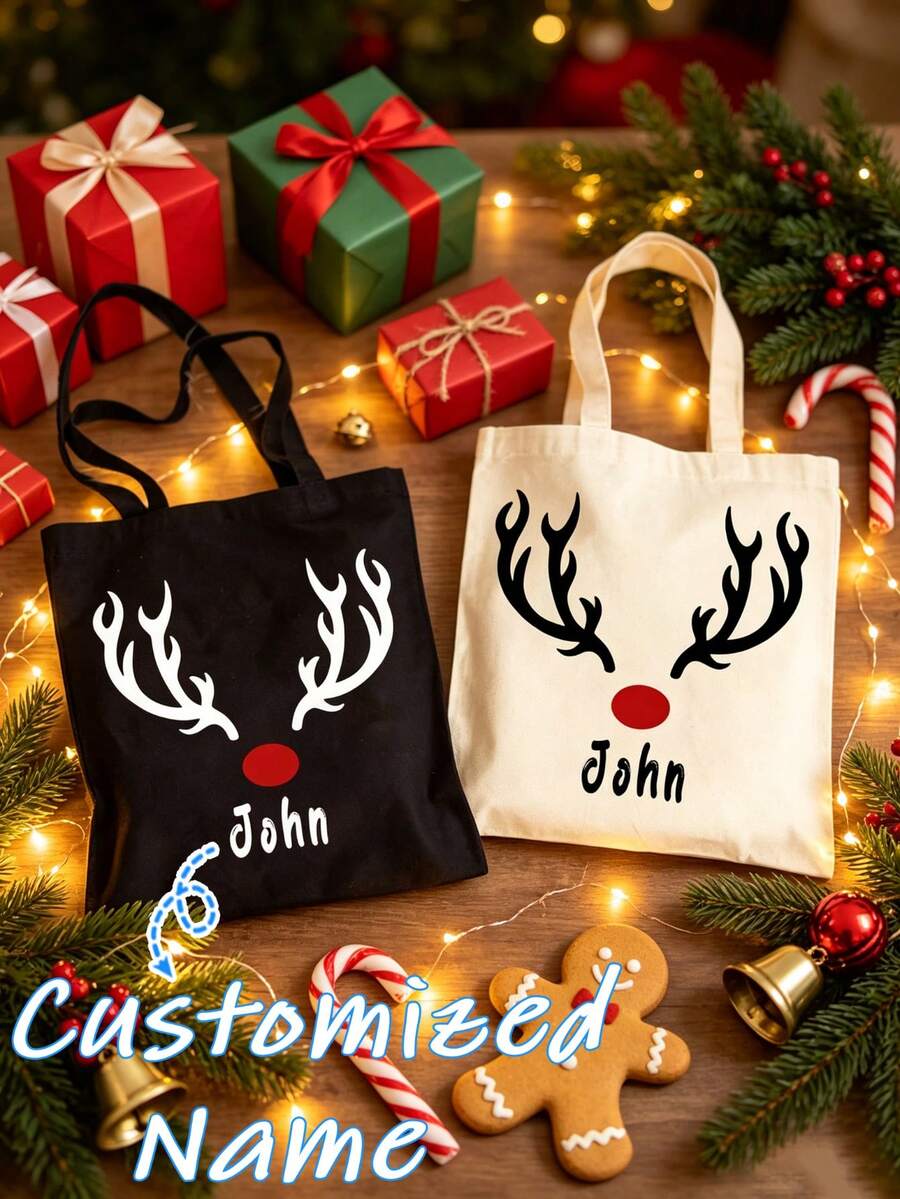 Custom Name Reindeer Antlers Print Canvas Tote Bag, Personalized Christmas Rudolph Pattern Shoulder Bag, Gift For Christmas Lover - Multicolor - View 1