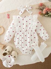 Autumn/Winter Baby Girl Cute Red Heart Print Flutter Sleeve Lace Trim Bodysuit & Bow Socks & Matching Headband - White - View 2