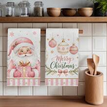 2PCS Kitchen Towels Christmas Pink Santa Claus Christmas Ball Print 40*60cm Minimalist Style Rectangular Microfiber Kitchen Towels, Dish Cloths, Tablecloths, Hand Towels, Bathroom Kitchen Decor, Christmas Home Decor, Neighbor Housewarming Gift, Perfect For Kitchen And Bathroom Use, Suitable For Housewives And Family Gatherings, High Cost-Performance, Household Essential - Pink - View 9