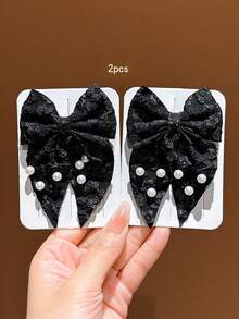 2pcs Premium Black Swallowtail Bow Hair Clips, Suitable For Daily Wear Hair Accessories - Multicolor - View 2