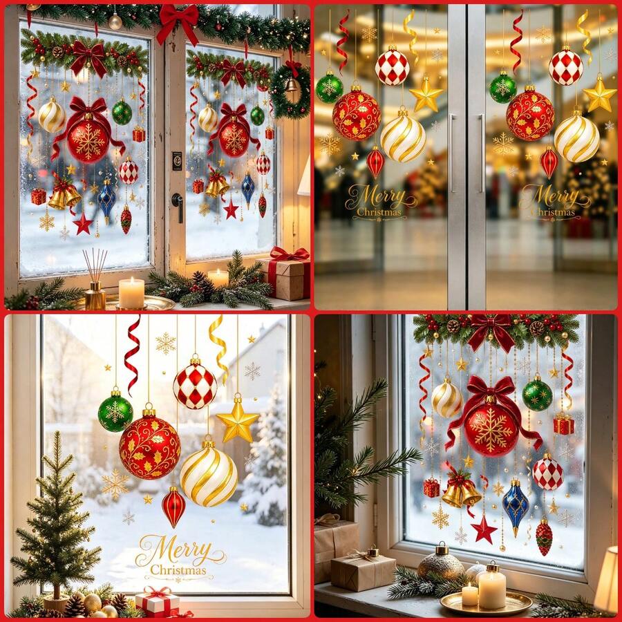 1/2pcs Christmas Ball Window Clings, Hanging Bauble Ornament Static Glass Decal, Double Sided Removable Garland Sticker, Holiday Shop Store Display Sliding Door Xmas Home Decorations