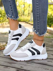 Sodalemon Women Stripe Color‑Block Retro Jogger Sneakers, Patchwork Low‑Top Lace‑Up Lightweight Casual Trainers - Black - View 2