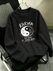 大尺碼女款圓領運動衫，印有 Karma 陰陽標語圖案，適合秋冬日常街頭穿搭 - 黑色 - 查看 8
