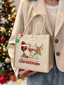 Beige Linen Tote Bag With Christmas Wine Glass & Reindeer Print, Suitable For Christmas Gifts, Travel And Daily Use - Multicolor - View 9