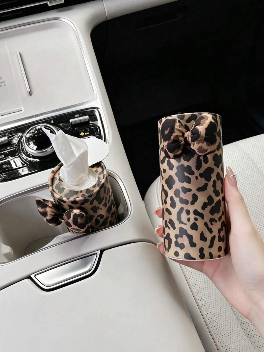 1PC Autumn/Winter Leopard Print Bowknot Cylindrical Car Armrest Tissue Box With Refillable Tissues - Multicolor - View 1