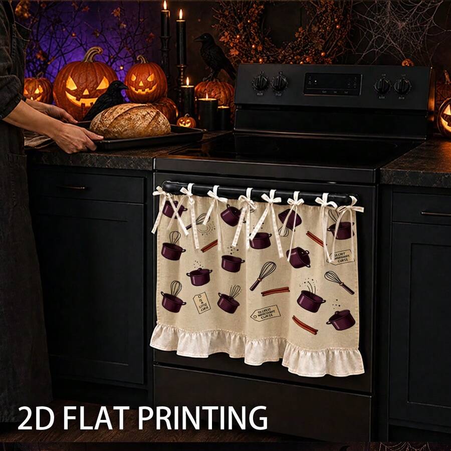 1PC Kitchen Stove Curtain, Cabinet Curtain, Apron. Features A 2D Graphic Print Design With A Kitchen Cookware Print. Can Be Used As A Stove Curtain, Oven Curtain Or Kitchen Sink Curtain-Perfect For Halloween Decorations - Multicolor - View 1