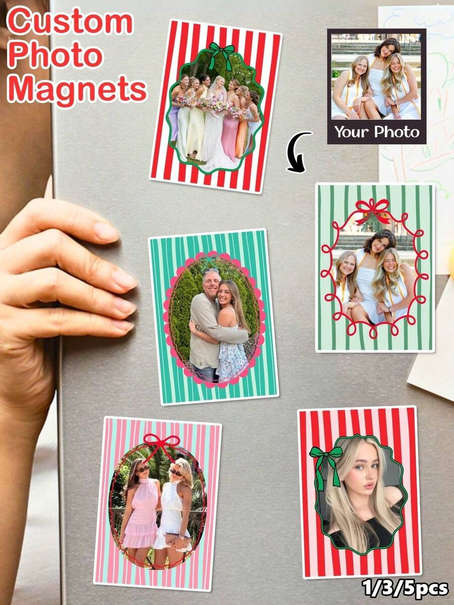 1/3/5PCS Custom Photo Fridge Magnet, Personalized Picture 6 Style Refrigerator Magnet With Bow Striped Frame, Customized Photo Magnets For Home Decor Gift,Christmas Keepsake Photo Magnet Gift For Friends Family,Holiday Gift For Family,Home Decor