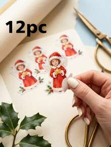 12/24/48pcs Personalized Custom Photo Christmas Angel Stickers, Custom Portrait Image Printed Waterproof Stickers, Angel Santa Claus Costume With Star And Holly Berry Design, Family Christmas Gift Wrapping Accessories, Gift Box Envelope Holiday Party Decoration - Multicolor - View 9
