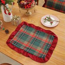1/2/4pcs Vintage British Plaid Square Ruffled Napkins Placemats, Christmas Holiday Table Decor - Green - View 11
