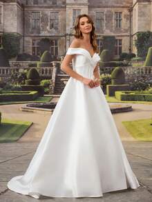 Elegant White Silk Wedding Dress, Off-Shoulder Sweetheart Neckline, Pearl Embellishments, Long Backless Design, Perfect For Creating A Romantic Bridal Look - White - View 8