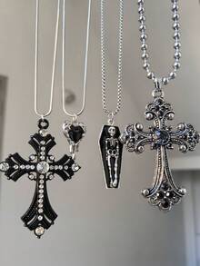 4pcs Vintage Gothic Alloy Rhinestone Cross Coffin Skull Melting Heart Necklace, Suitable For Women Street Party Wear - Multicolor - View 9
