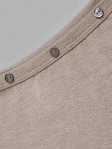 Aflion Women Fall Apricot Decorative Button Knit Top, Boat Neck 3/4 Sleeve Slim Fitted Short Blouse For Daily Commute Date Casual Outfits - Apricot - View 5