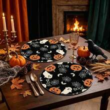 1/4/6pcs Halloween Series BOO Ghost Pumpkin Spider Web Hand-Painted Pattern Placemats, Suitable For Home Kitchen Materials Made Of Polyester Fiber, Kitchen Table Decoration, And Party Scene Decoration - Multicolor - View 2
