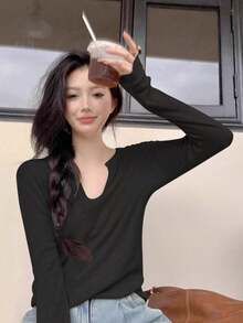 Women's V-Neck Long Sleeve Fitted Knit Sweater, Autumn/Winter Style, Simple Casual, Suitable For Daily Commute, Long Sleeve Top - Black - View 2