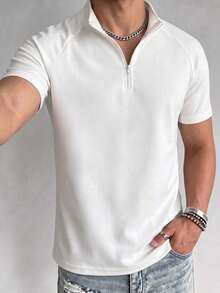 Men's Summer Fashion Raglan Sleeve Zipper Collar Short Sleeve T-Shirt, Suitable For Sports, Fitness And Daily Wear - White - View 5