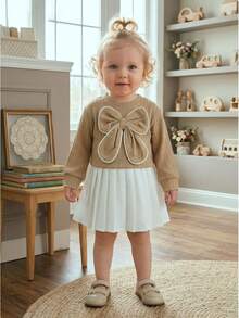 2pcs Infant/Toddler (Girl) Sweet Large Bow Knitted Long Sleeve Top & White Skirt Set, Thin Fabric, Spring/Autumn, Preppy Style - Apricot - View 2