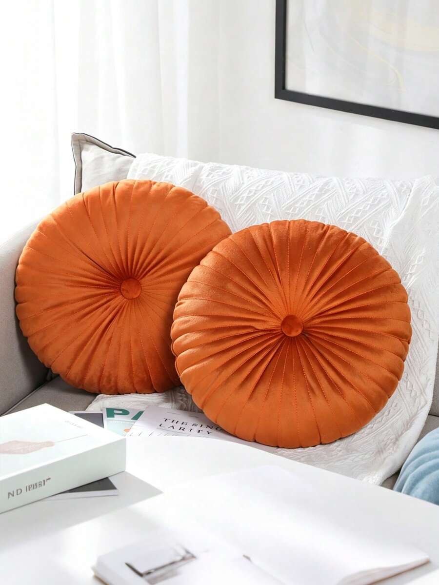 Round Decorative Velvet Rug With Center Button, Suitable For Living Room Sofa, Bench, Bed And Chair Home Decor. Perfect For Home Use And Daily Use, Parties, Thanksgiving, Halloween And Christmas. - Orange - View 1