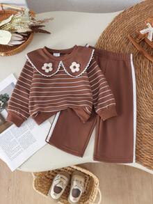 2pcs Baby Girl Casual Retro Striped 3D Knit Flower Decor Peter Pan Collar Long Sleeve Sweatshirt & Matching Straight Leg Pants Set, Spring/Autumn - Mocha Brown - View 1
