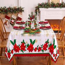 1pc Christmas Holly Leaf Poinsettia Snowflake Print Rectangular Tablecloth, Suitable For Holiday, Party, Birthday, Dinner, Restaurant Table Decor, Christmas Home Autumn/Winter Decoration - Multicolor - View 4