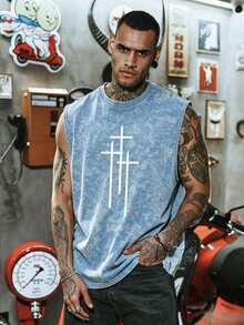 Men's Retro Minimalist Cross Print Washed Tank Top, Comfortable & Breathable, Suitable For Summer, Leading Fashion - Baby Blue - View 2