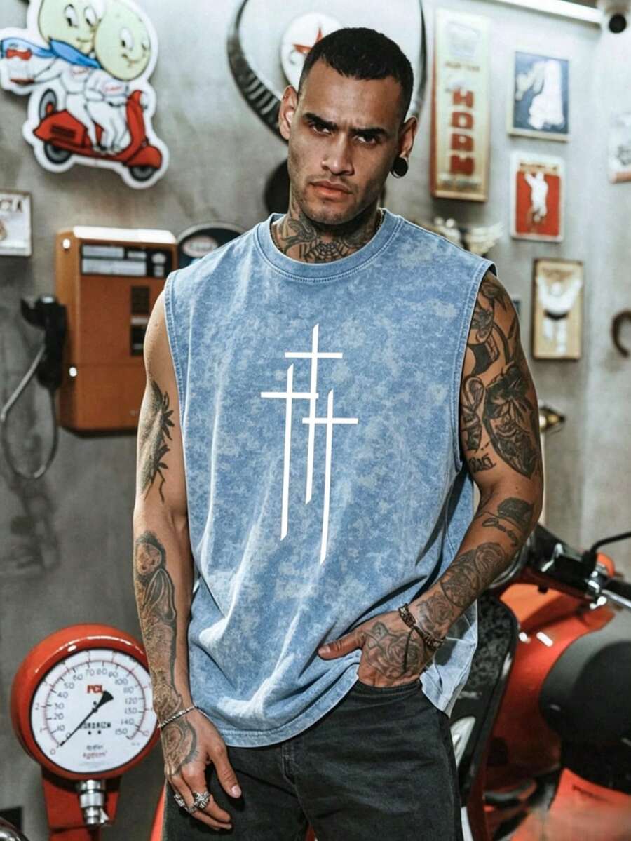 Men's Retro Minimalist Cross Print Washed Tank Top, Comfortable & Breathable, Suitable For Summer, Leading Fashion