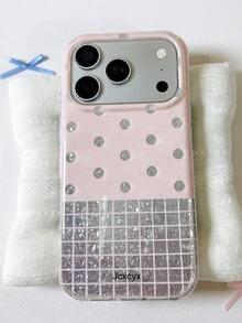 Stylish Cute Bling Polka Dot Lattice Splicing Phone Case Compatible With IPhone 18 Pro Max 18 Pro 17 Pro Max 17 Pro 17 16 Pro Max 16 Pro 16 15 Pro Max 15 Pro 14 Pro Max 14 Pro 13 Luxury Shiny Rhinestones Texture Back Cover - Pink - View 4