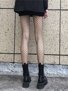 3 Pairs Plus Size Transparent Fishnet Tights, Black Hollow-Out High Waist Mesh Pantyhose, Women's One Size Fishnet Stockings, Closed Crotch Elastic Design, Suitable For Various Occasions, Spring Summer Autumn Sexy Street Punk Style Leggings,Halloween - Multicolor - View 2