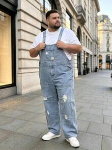 Men's Denim Dungarees Light Wash Distressed Plus Size Overalls - Navy Blue - View 4