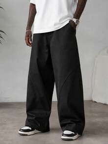 Black 3D Segmented Wide Leg Casual Pants, Curved Stitching Loose Straight Leg American Style Long Pants For Men - Black - View 2